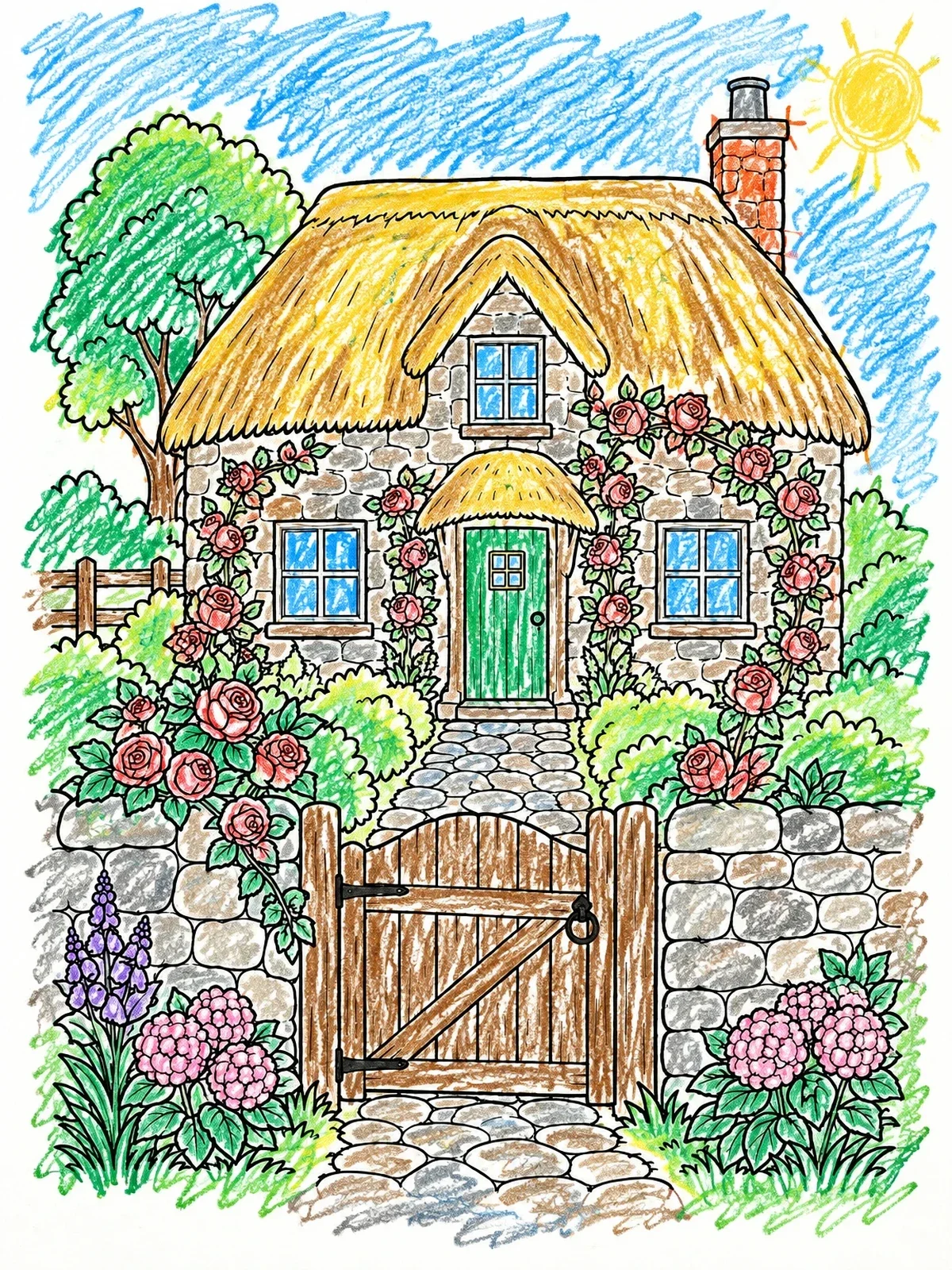 Colored example of the Thatched Cottage With Rose Garden coloring page