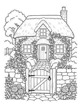 Free printable Thatched Cottage With Rose Garden coloring page