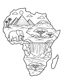 Free printable Africa Continent Landmarks And Wildlife coloring page