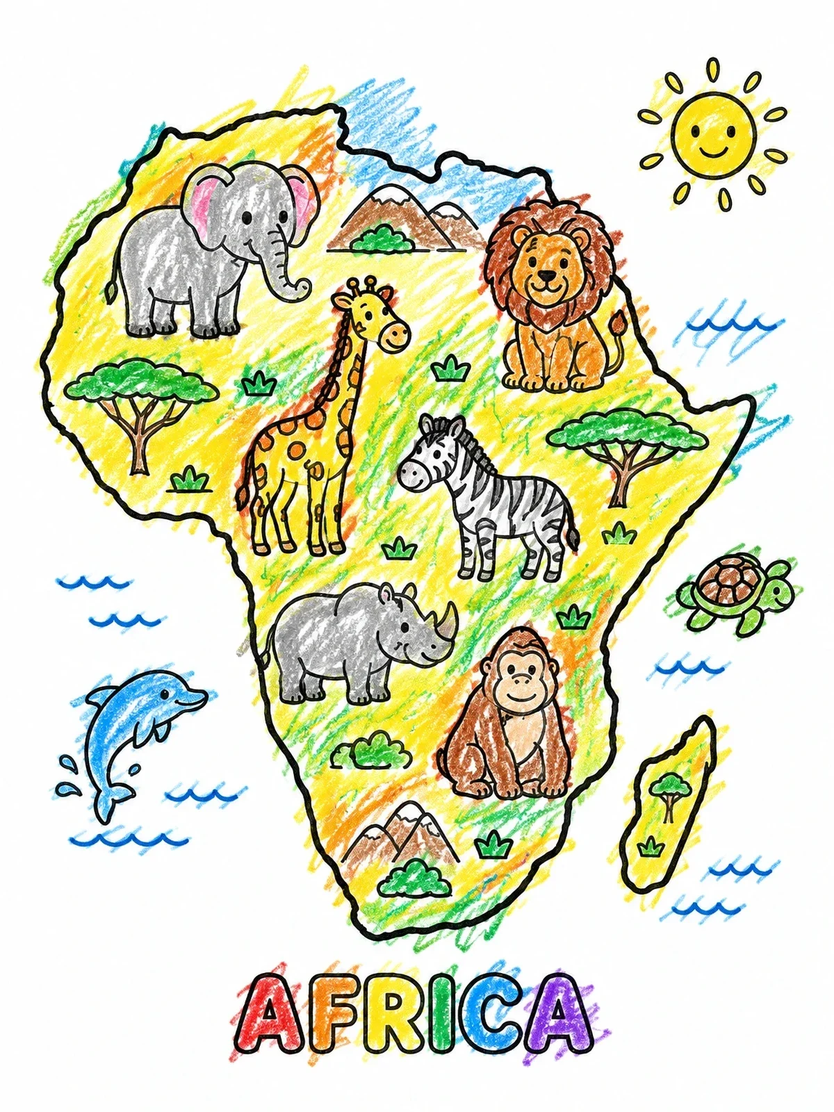 Colored example of the Africa Continent Map With Cute Animals coloring page