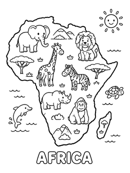 Free printable Africa Continent Map With Cute Animals coloring page
