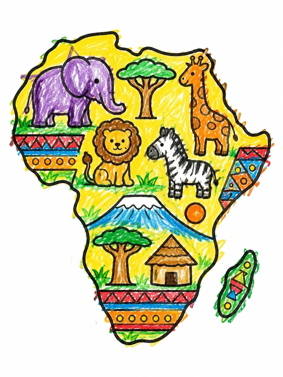 Colored example of the Africa Continent Map With Safari Animals coloring page