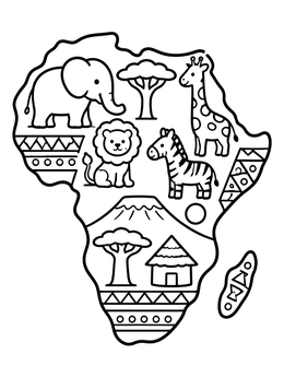Free printable Africa Continent Map With Safari Animals coloring page