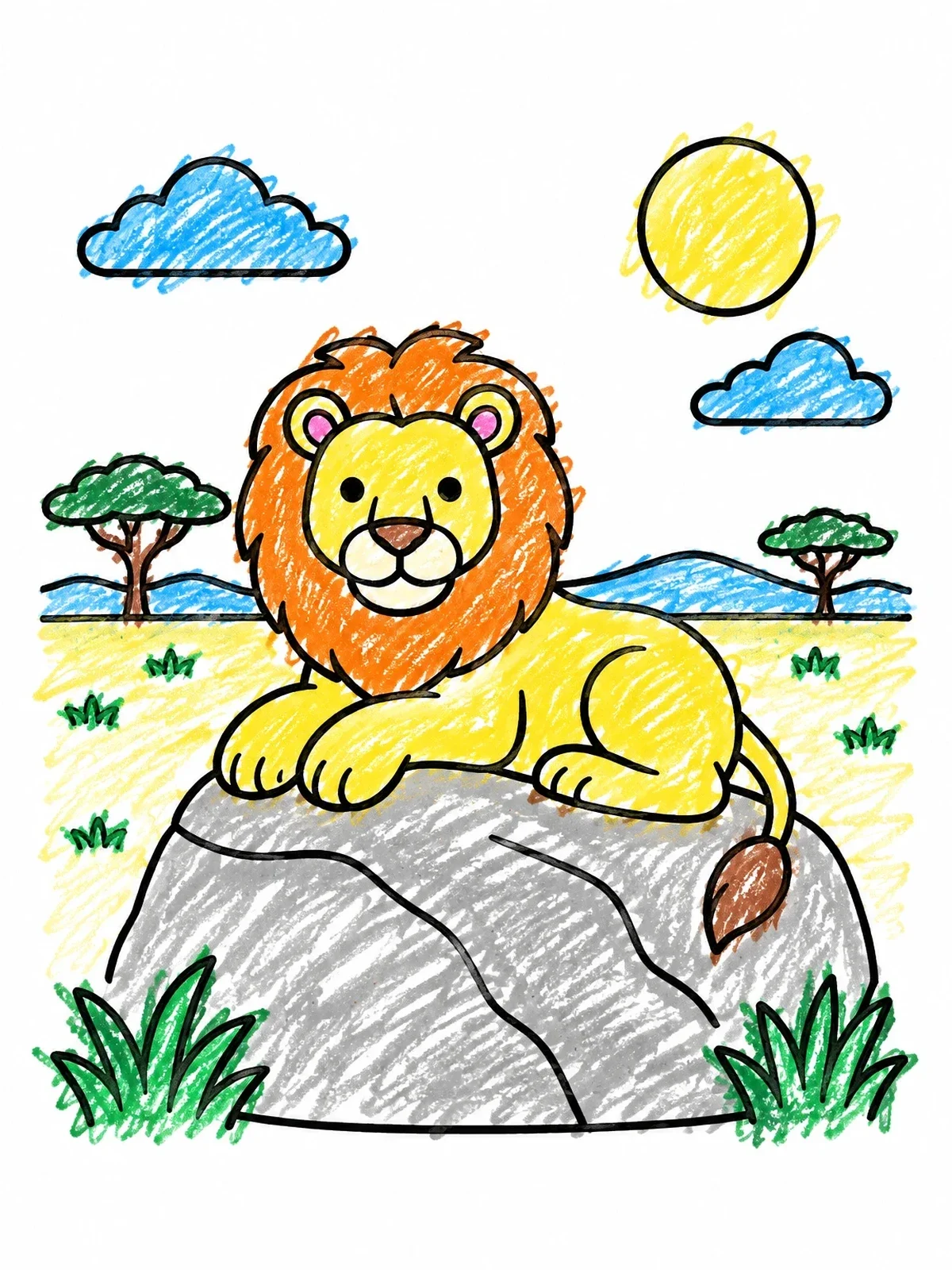 Colored example of the Cute Lion Resting On A Rock coloring page
