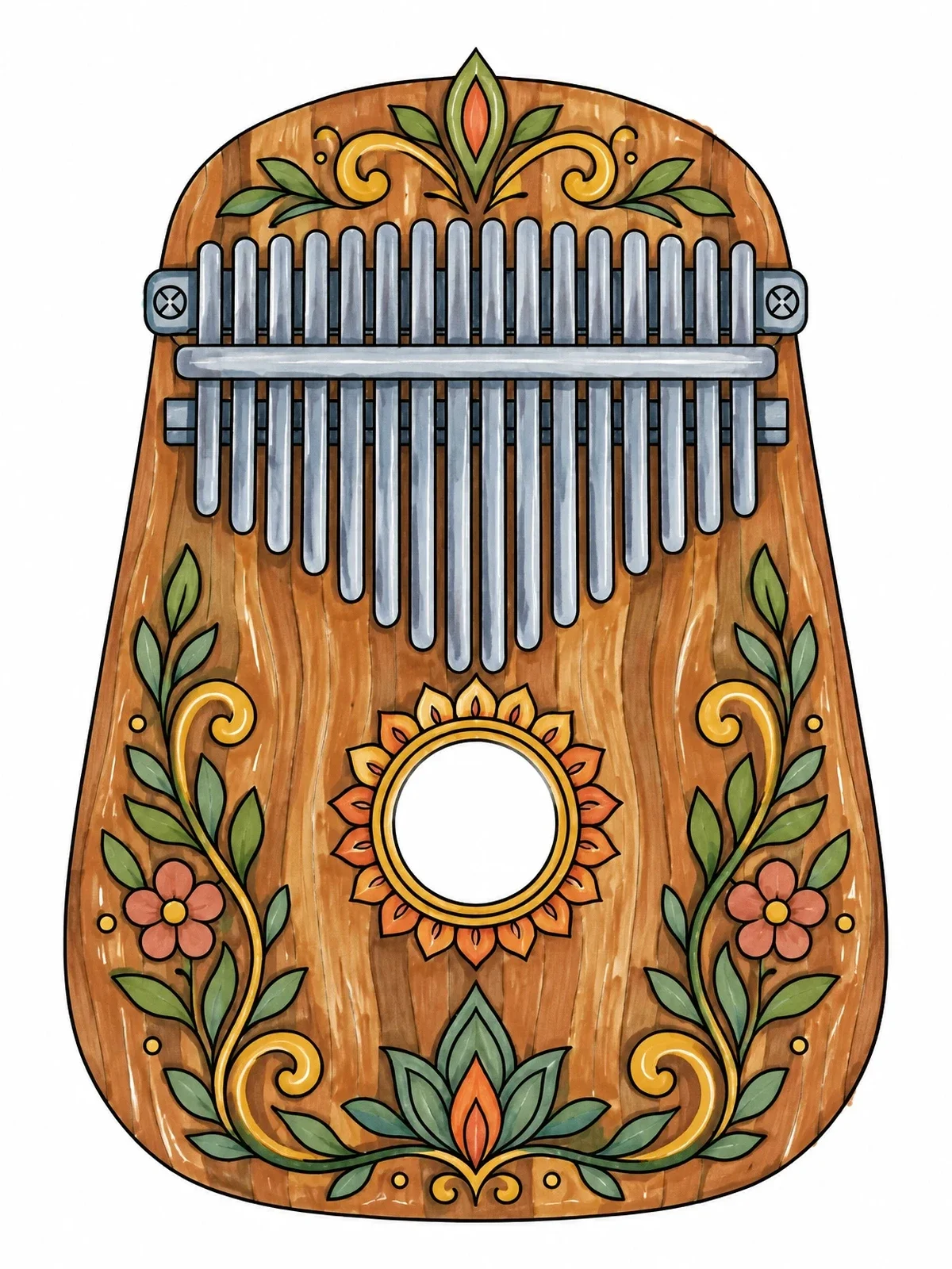 Colored example of the Decorative Wooden Kalimba Thumb Piano coloring page