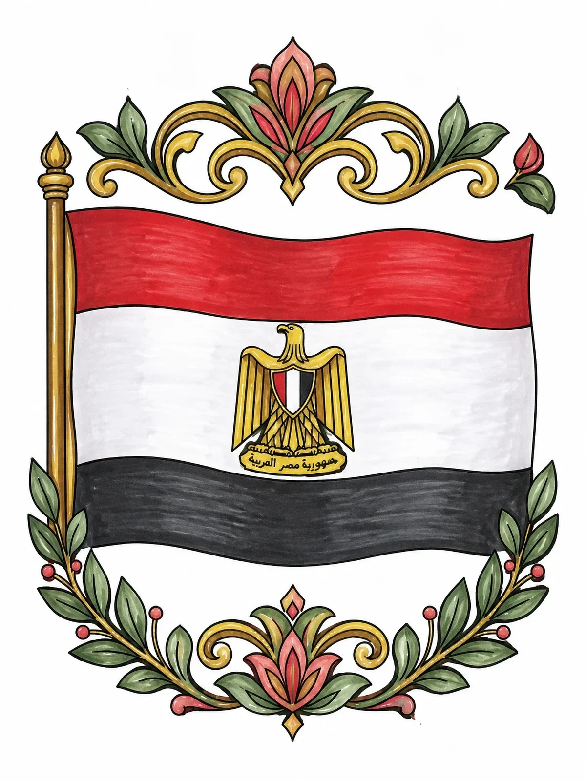 Colored example of the Flag Of Egypt With Ornamental Border coloring page