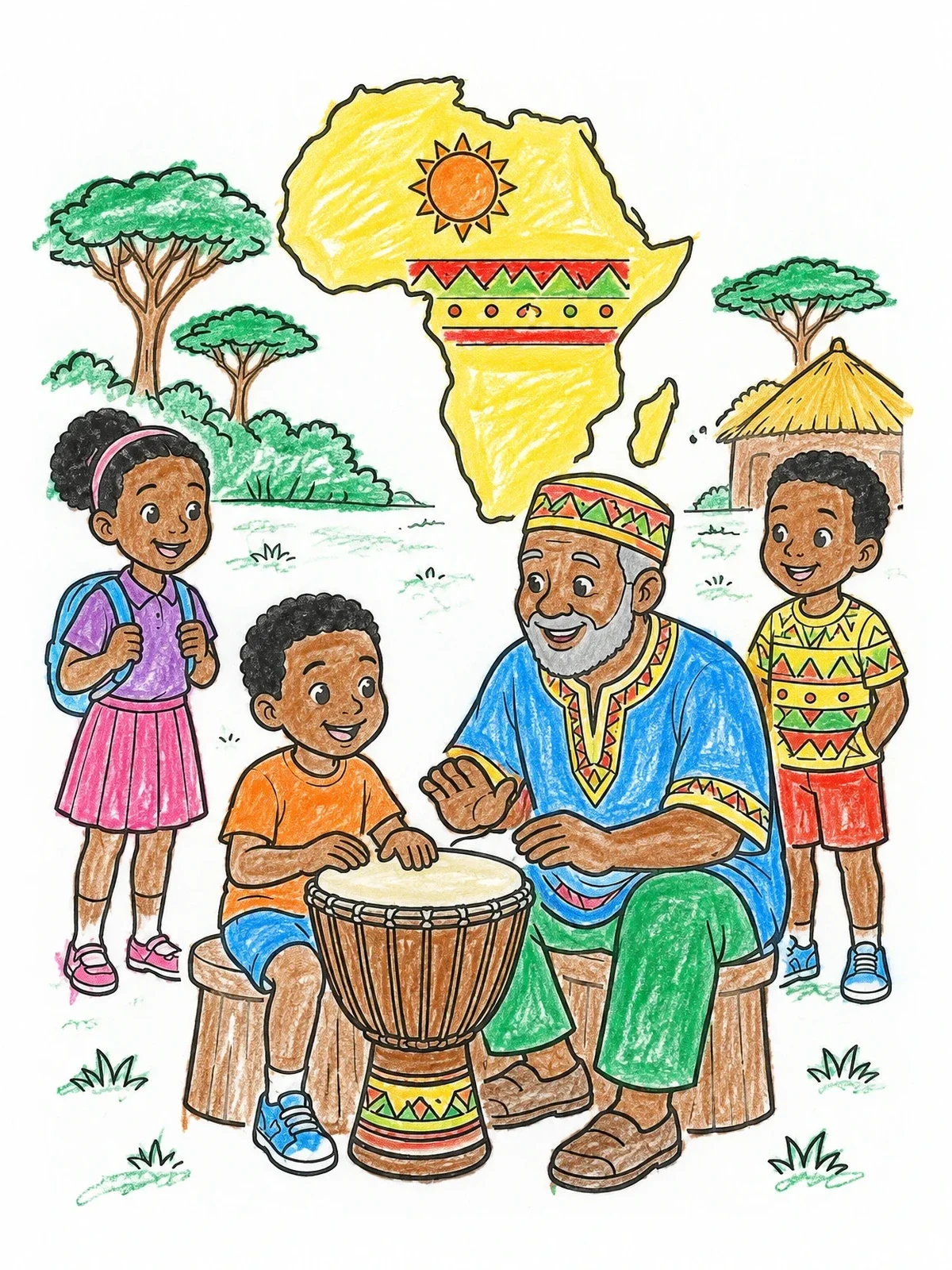 Colored example of the Children Learning African Drumming coloring page