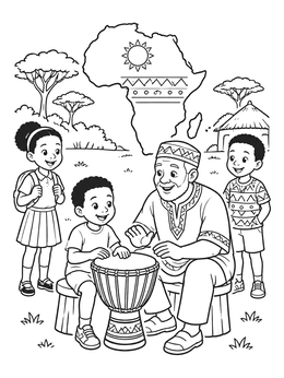 Free printable Children Learning African Drumming coloring page