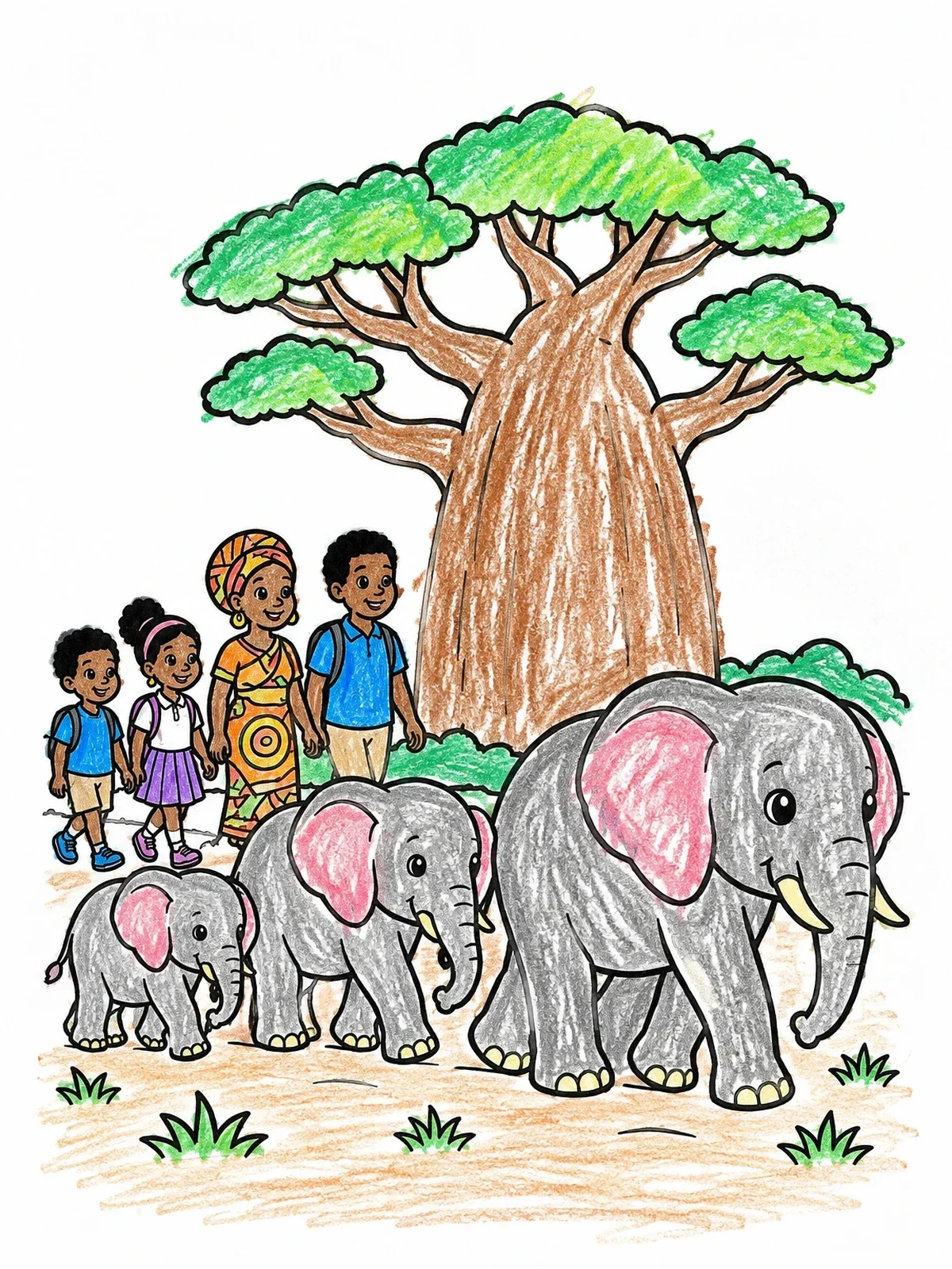 Colored example of the Elephants And Family Near Baobab Tree coloring page