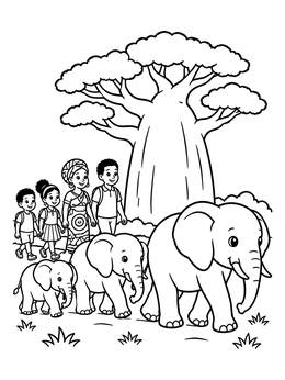 Free printable Elephants And Family Near Baobab Tree coloring page