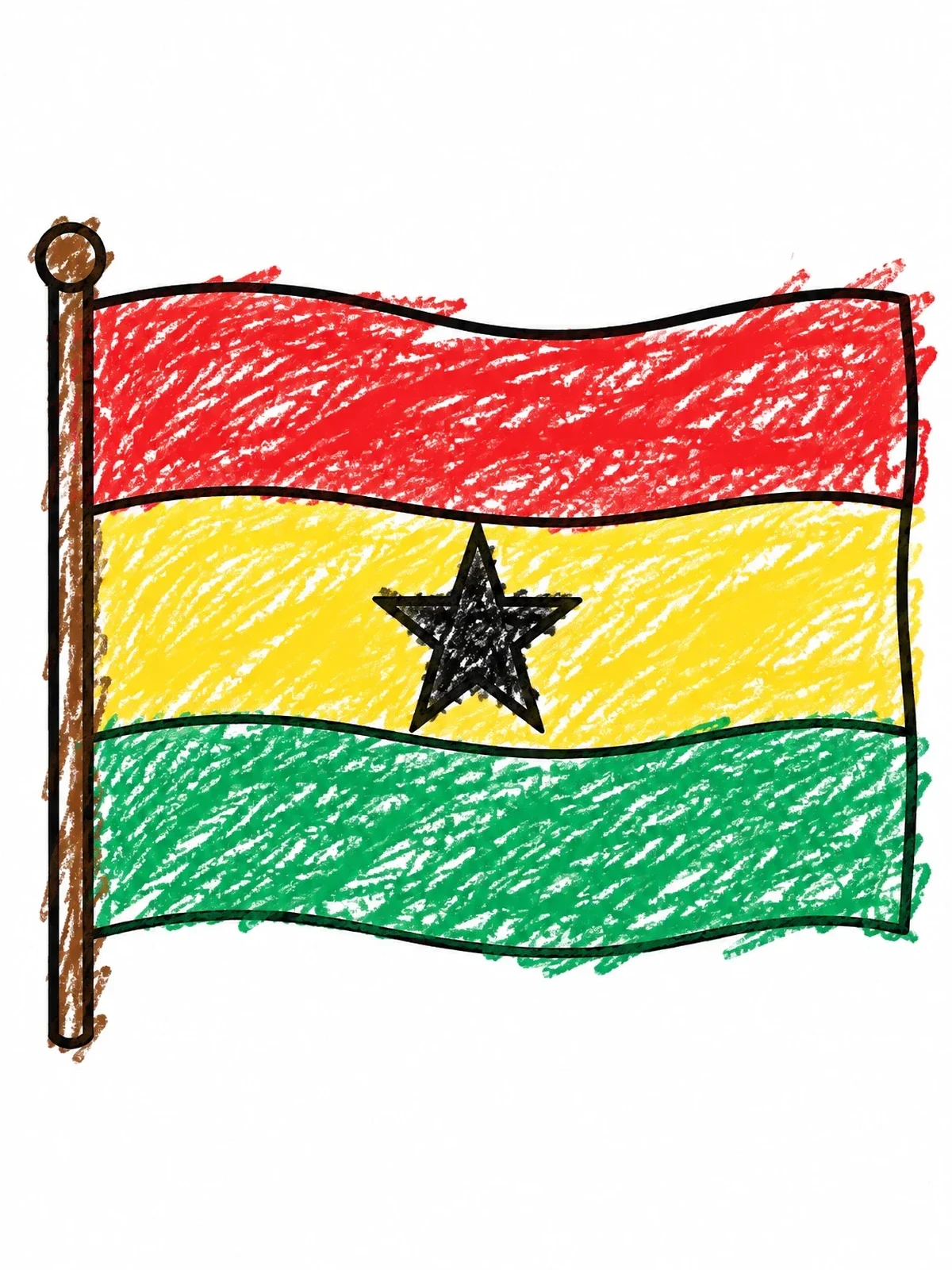 Colored example of the Flag Of Ghana Waving On Pole coloring page