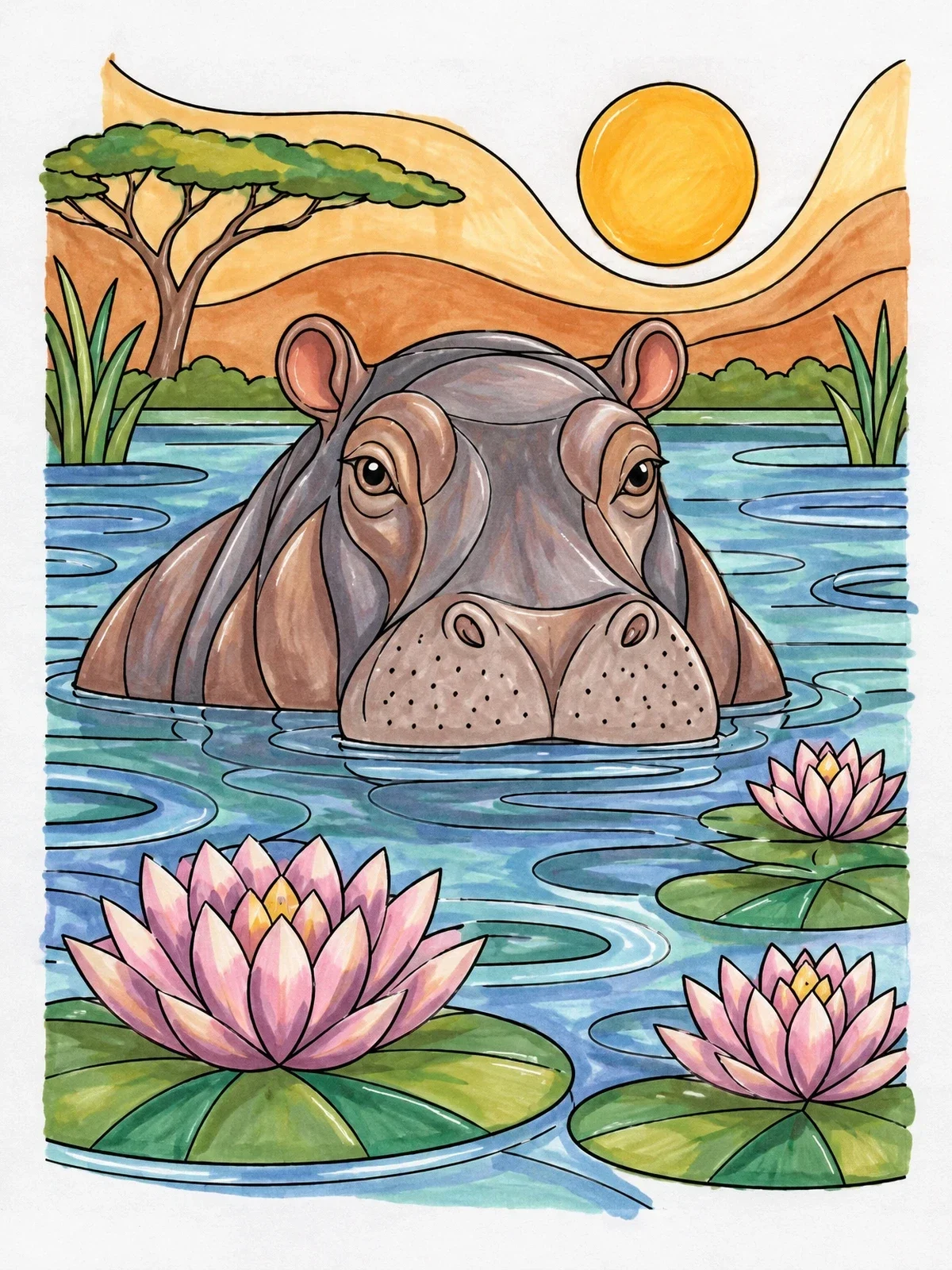 Colored example of the Hippopotamus In A River With Water Lilies coloring page