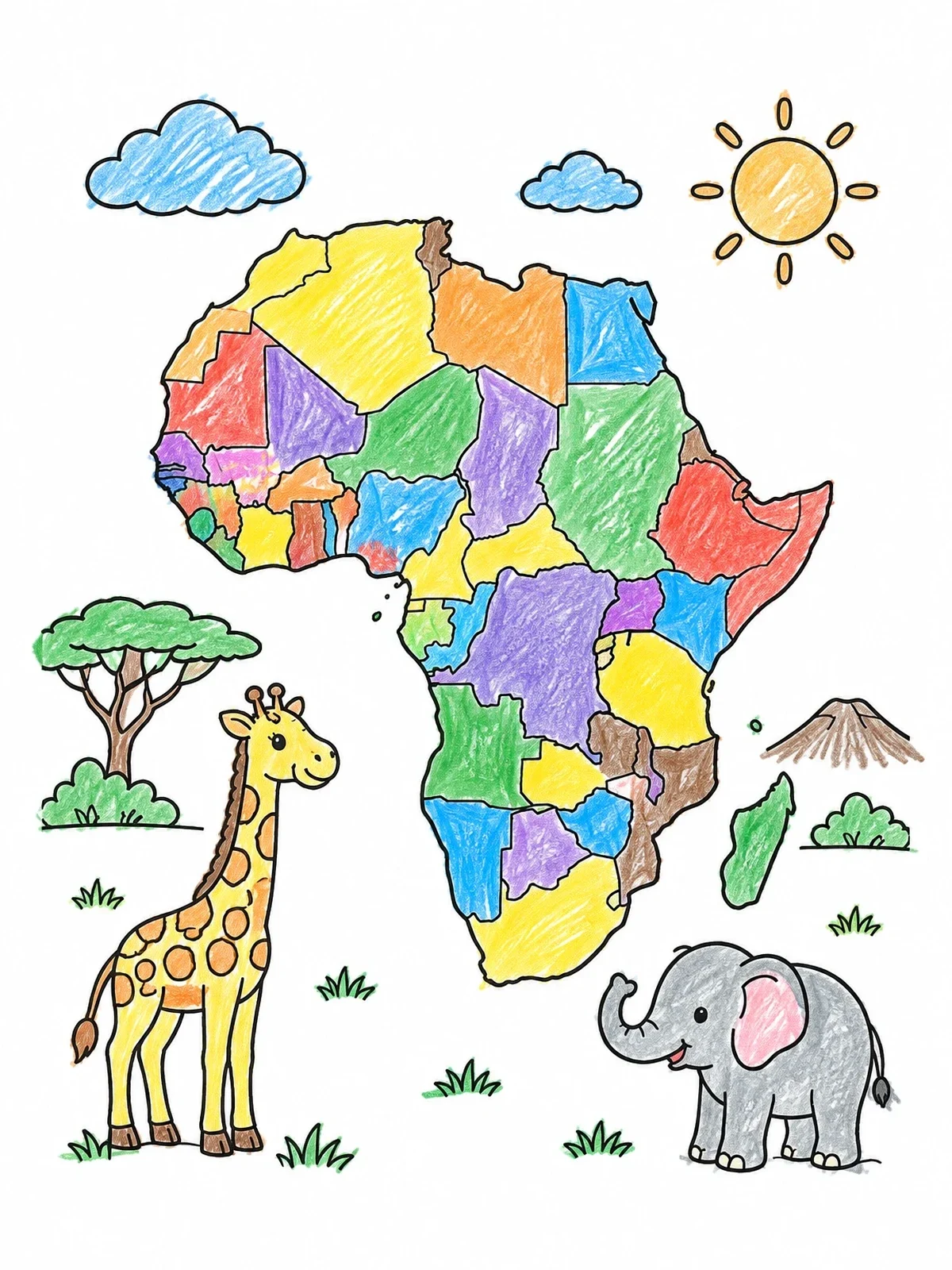 Colored example of the Africa Map With Cute Animals coloring page