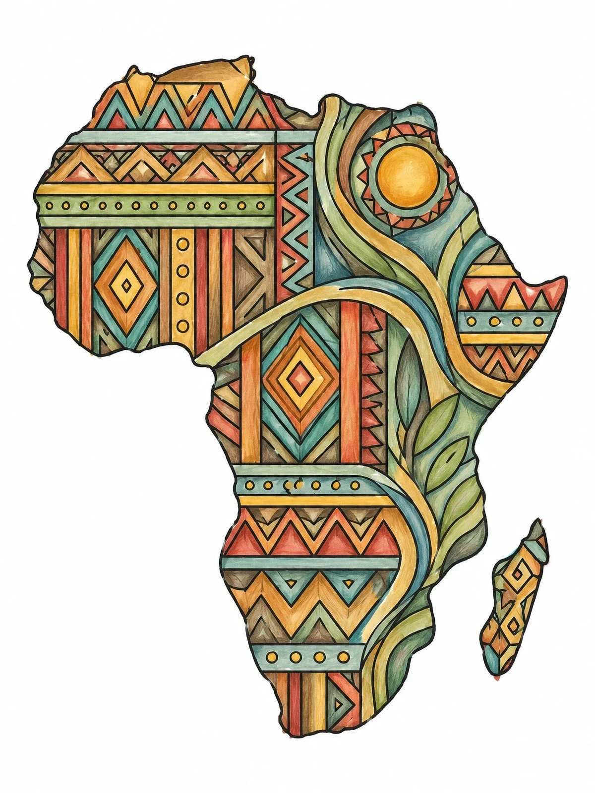 Colored example of the Africa Map With Geometric Patterns coloring page