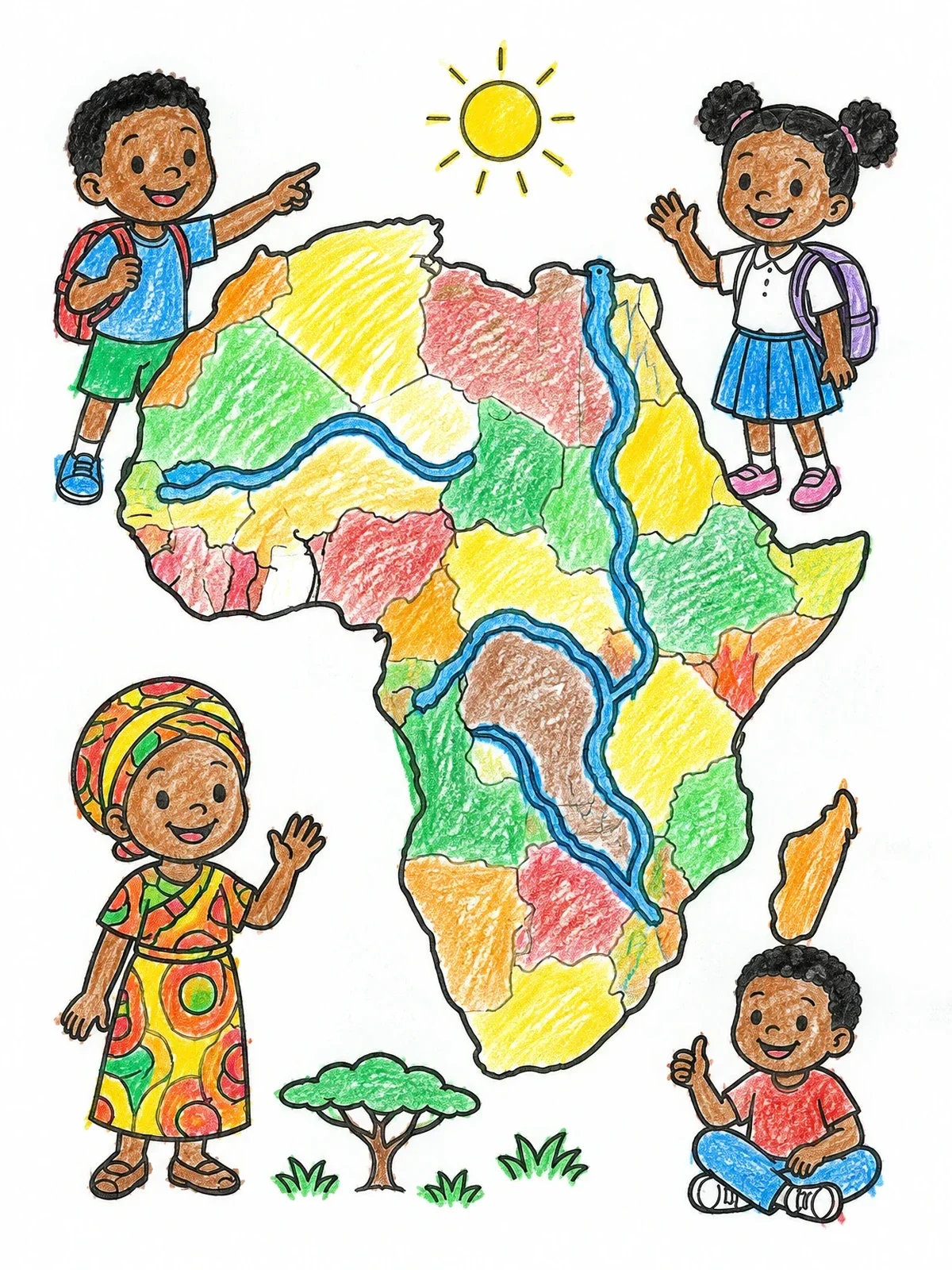 Colored example of the Africa Map With Happy Children coloring page