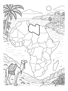 A detailed libya coloring page featuring an African map outline, a camel, and coastal ruins.