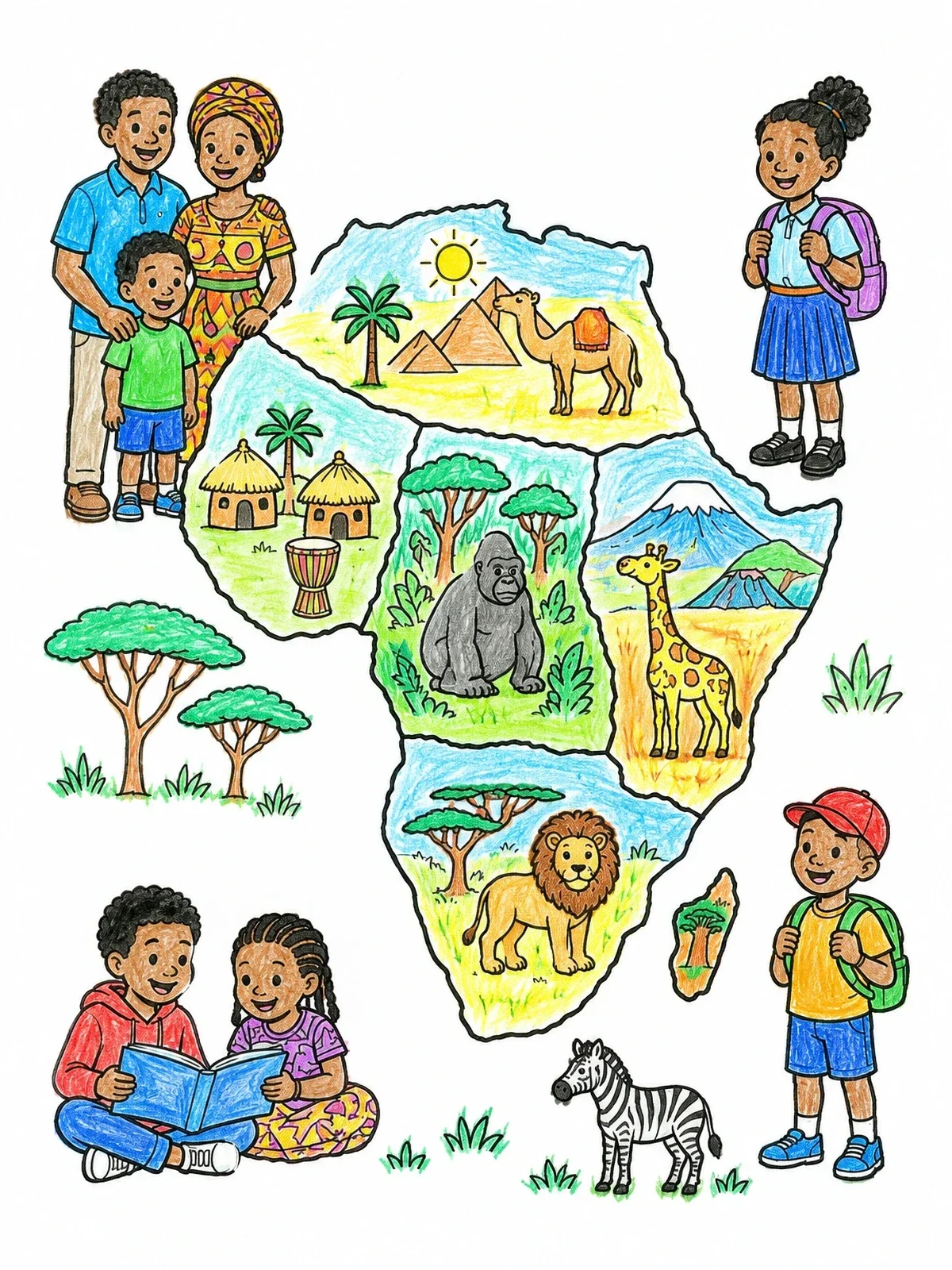 Colored example of the Africa Map With Wildlife And Children coloring page