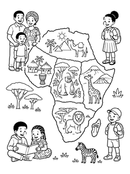 Free printable Africa Map With Wildlife And Children coloring page