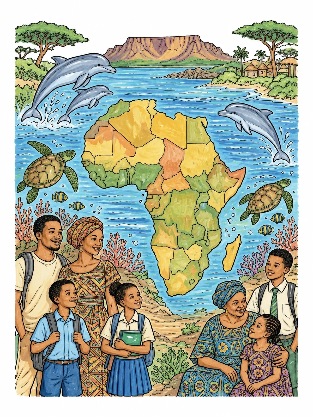 Colored example of the Africa Map With Wildlife And People coloring page