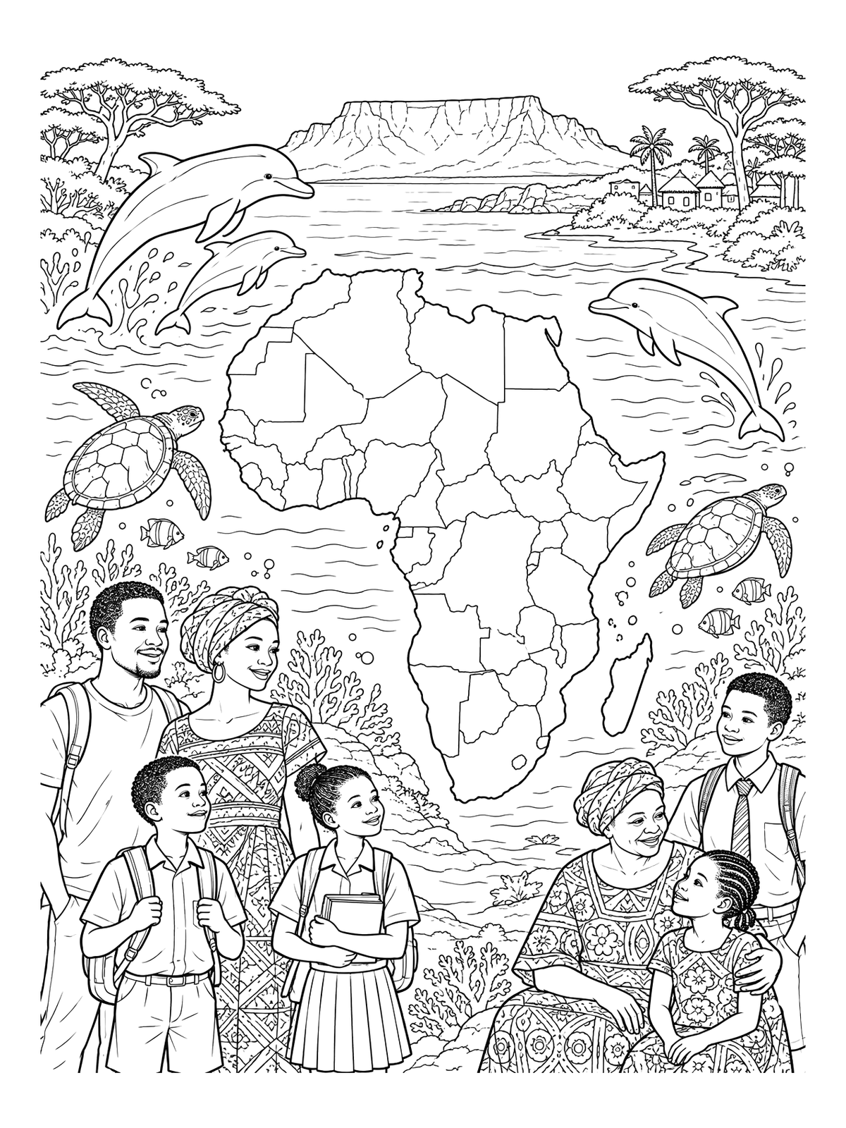 Africa Map With Wildlife And People Coloring Page
