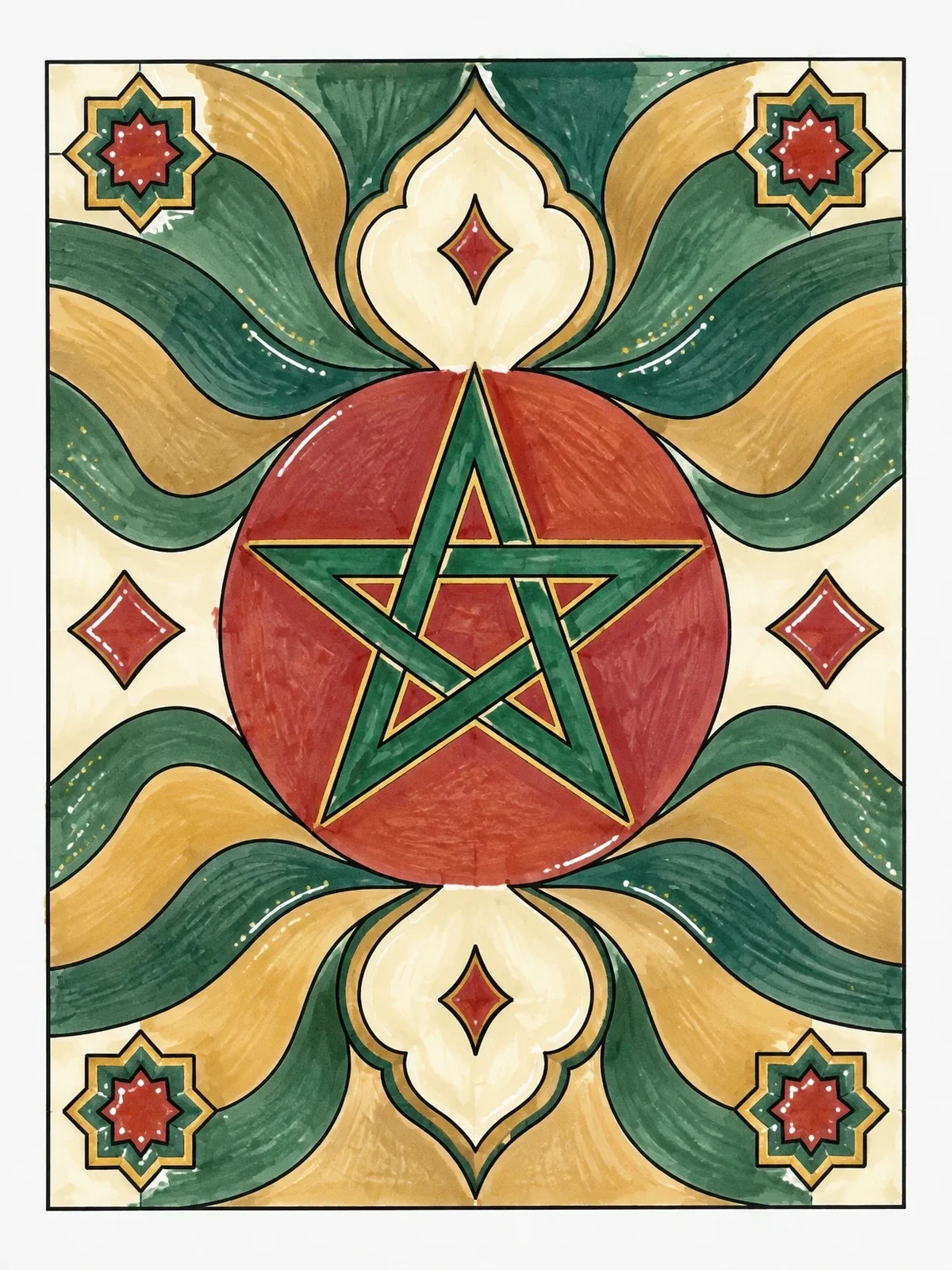 Colored example of the Moroccan Star And Geometric Ornament coloring page