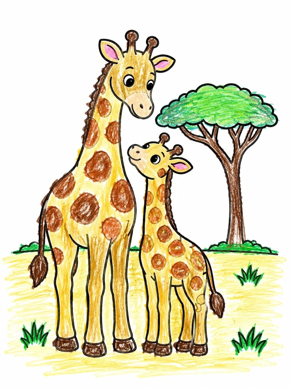 Colored example of the Mother Giraffe And Sweet Calf coloring page