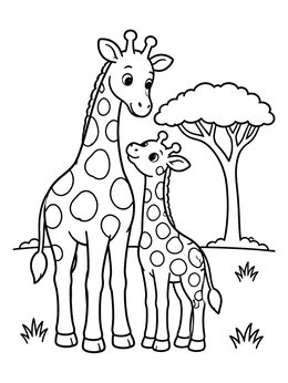 Free printable Mother Giraffe And Sweet Calf coloring page