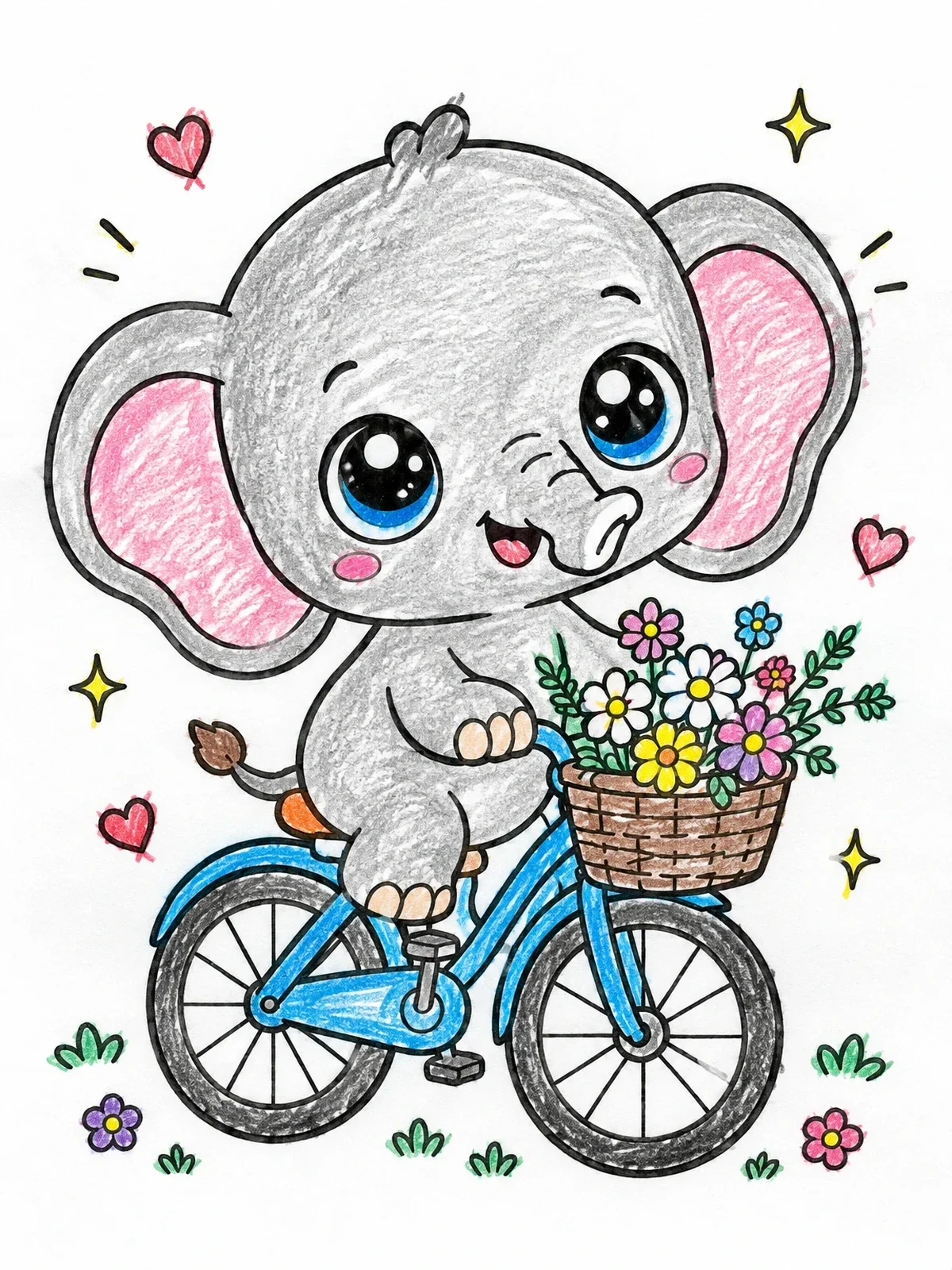Colored example of the Cute Baby Elephant Riding A Bicycle coloring page