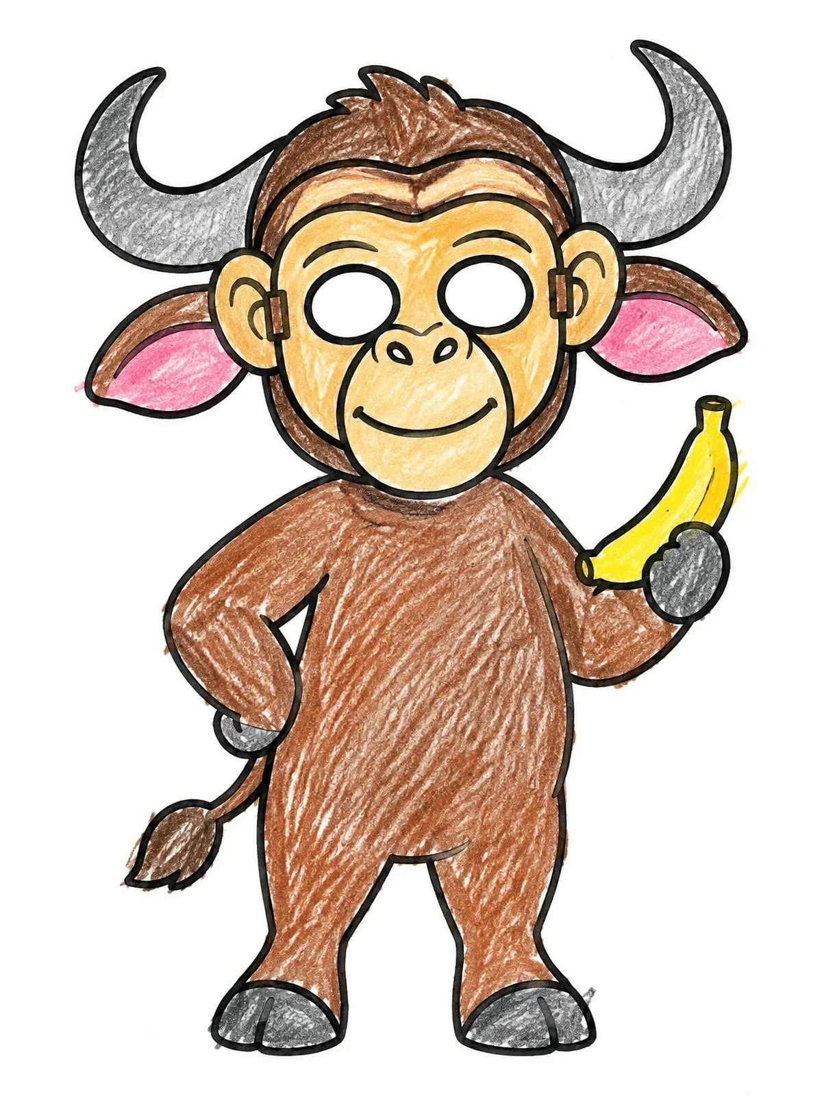 Colored example of the Playful Buffalo Wearing Monkey Mask coloring page