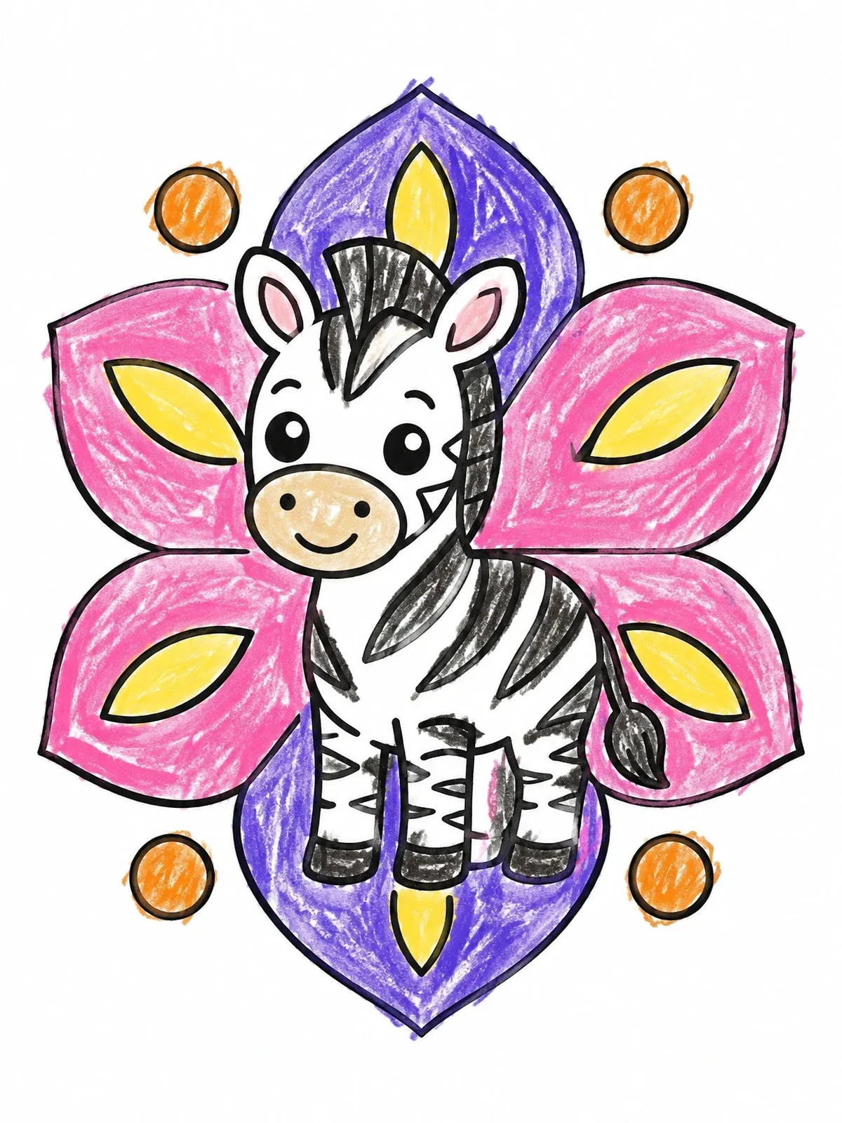 Colored example of the Cute Baby Zebra And Petal Mandala coloring page