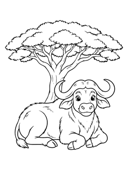Free printable Cute Buffalo Under Acacia Tree coloring page