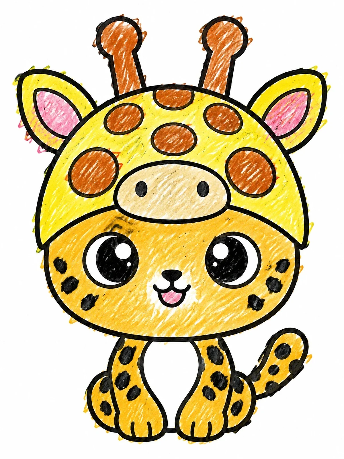 Colored example of the Cute Cheetah Cub In Giraffe Hat coloring page