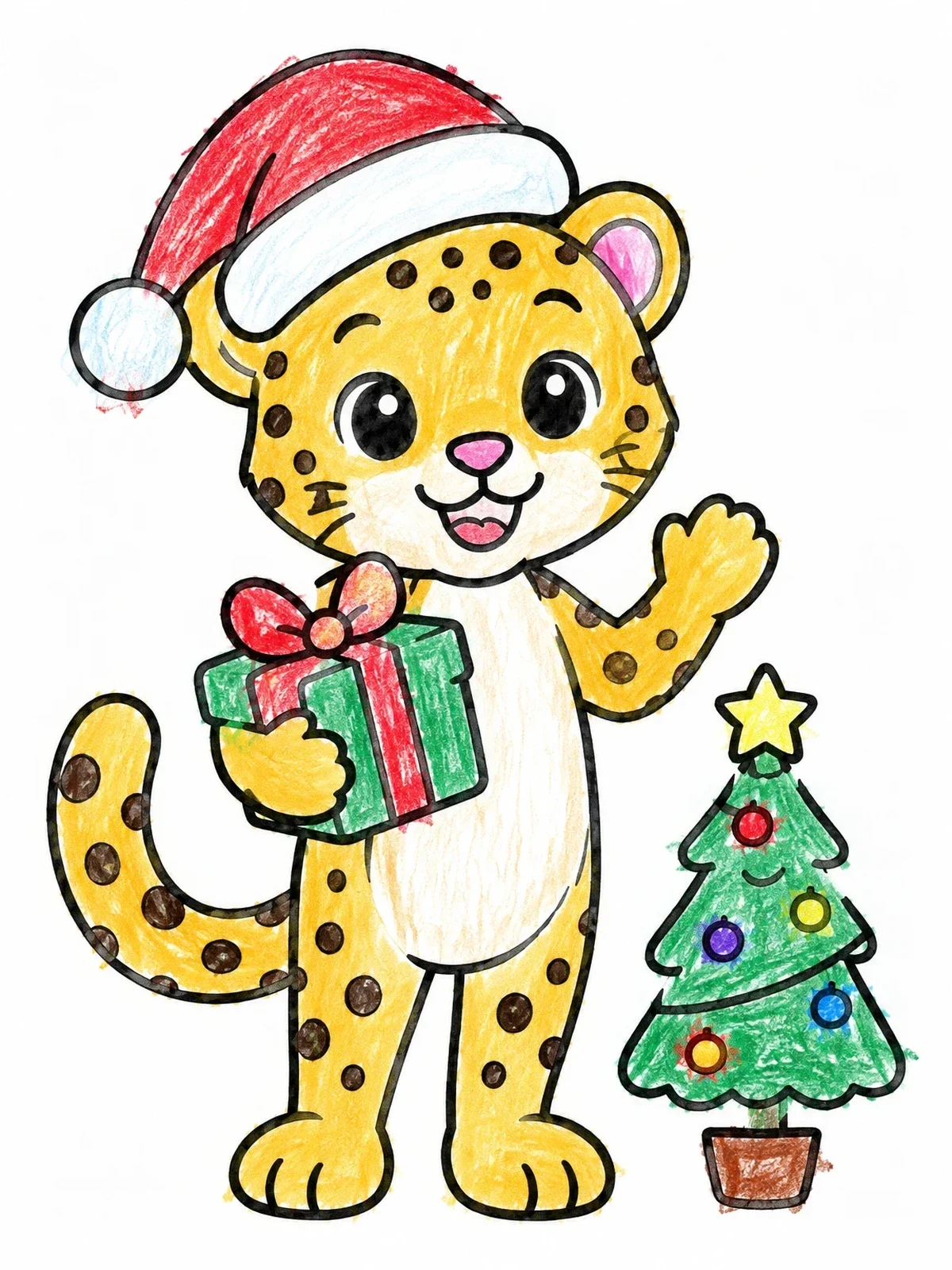Colored example of the Cute Christmas Leopard With Gift coloring page