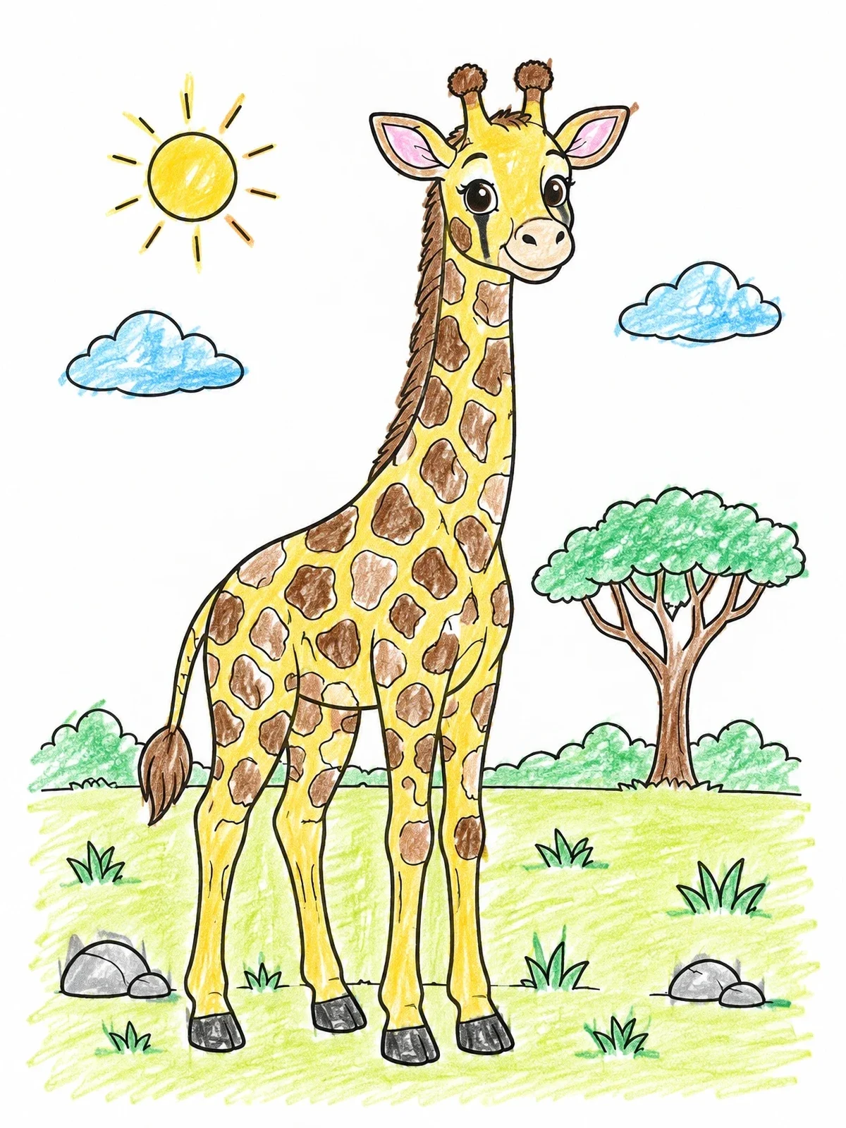 Colored example of the Cute Giraffe In The Savanna coloring page