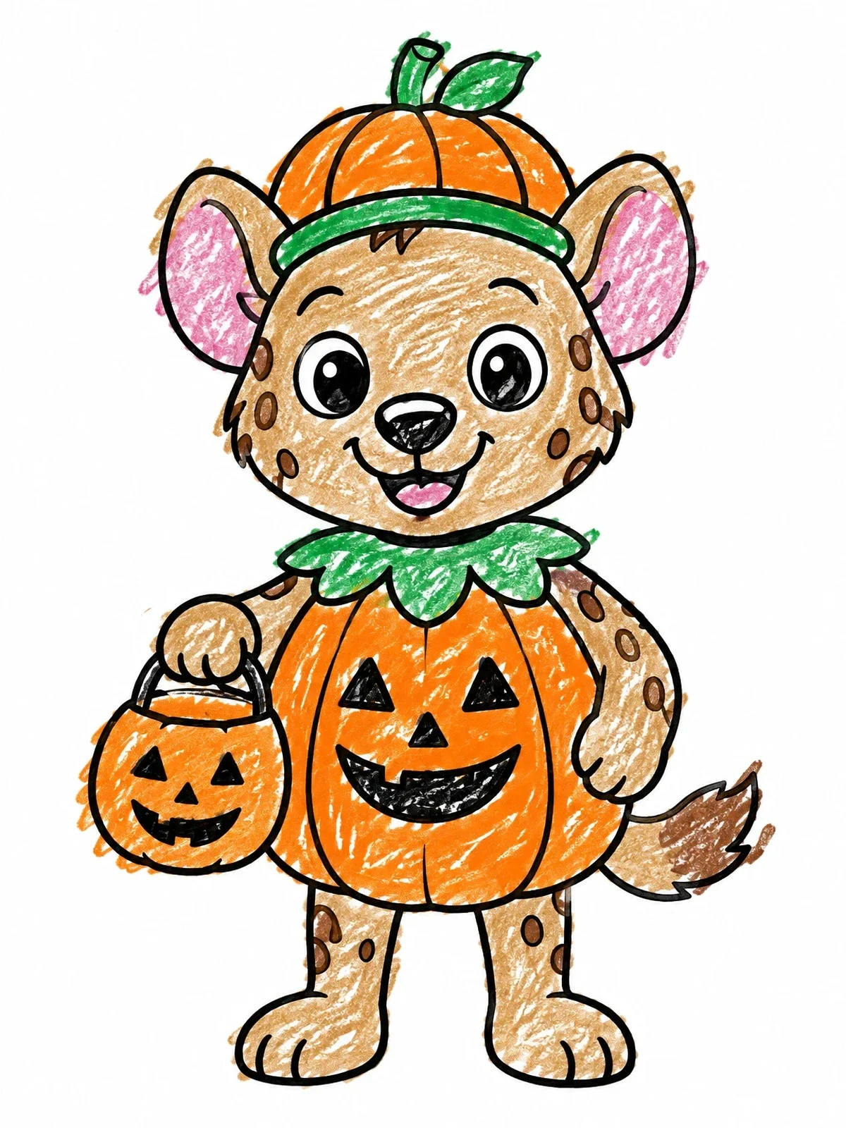 Colored example of the Cute Hyena In Pumpkin Costume coloring page