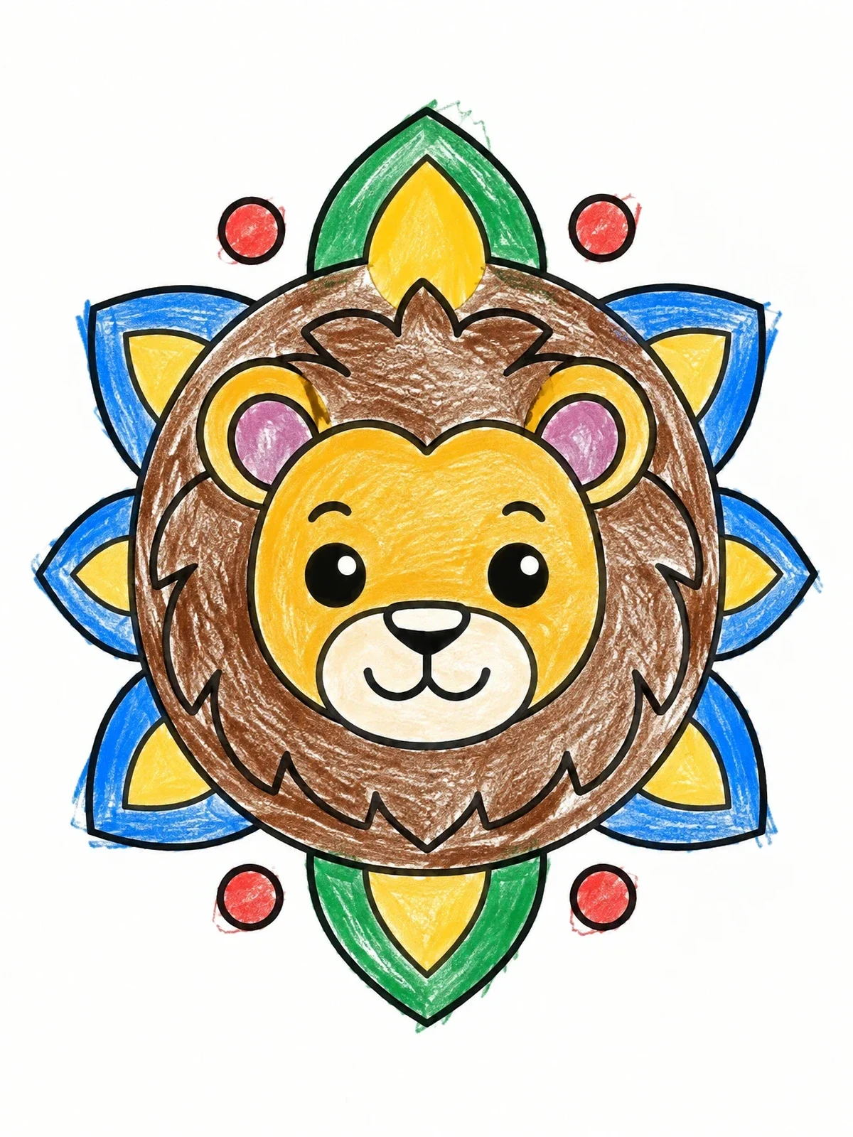 Colored example of the Cute Lion Face Mandala coloring page