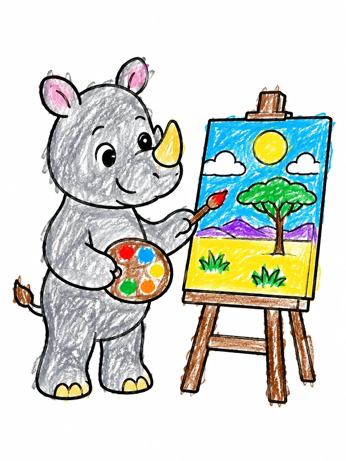 Colored example of the Cute Rhino Painting A Savanna Landscape coloring page