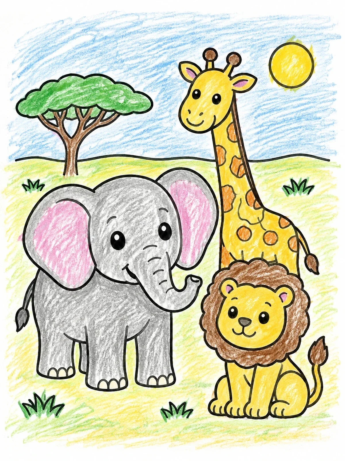Colored example of the Cute Safari Elephant And Friends coloring page