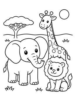 Free printable Cute Safari Elephant And Friends coloring page