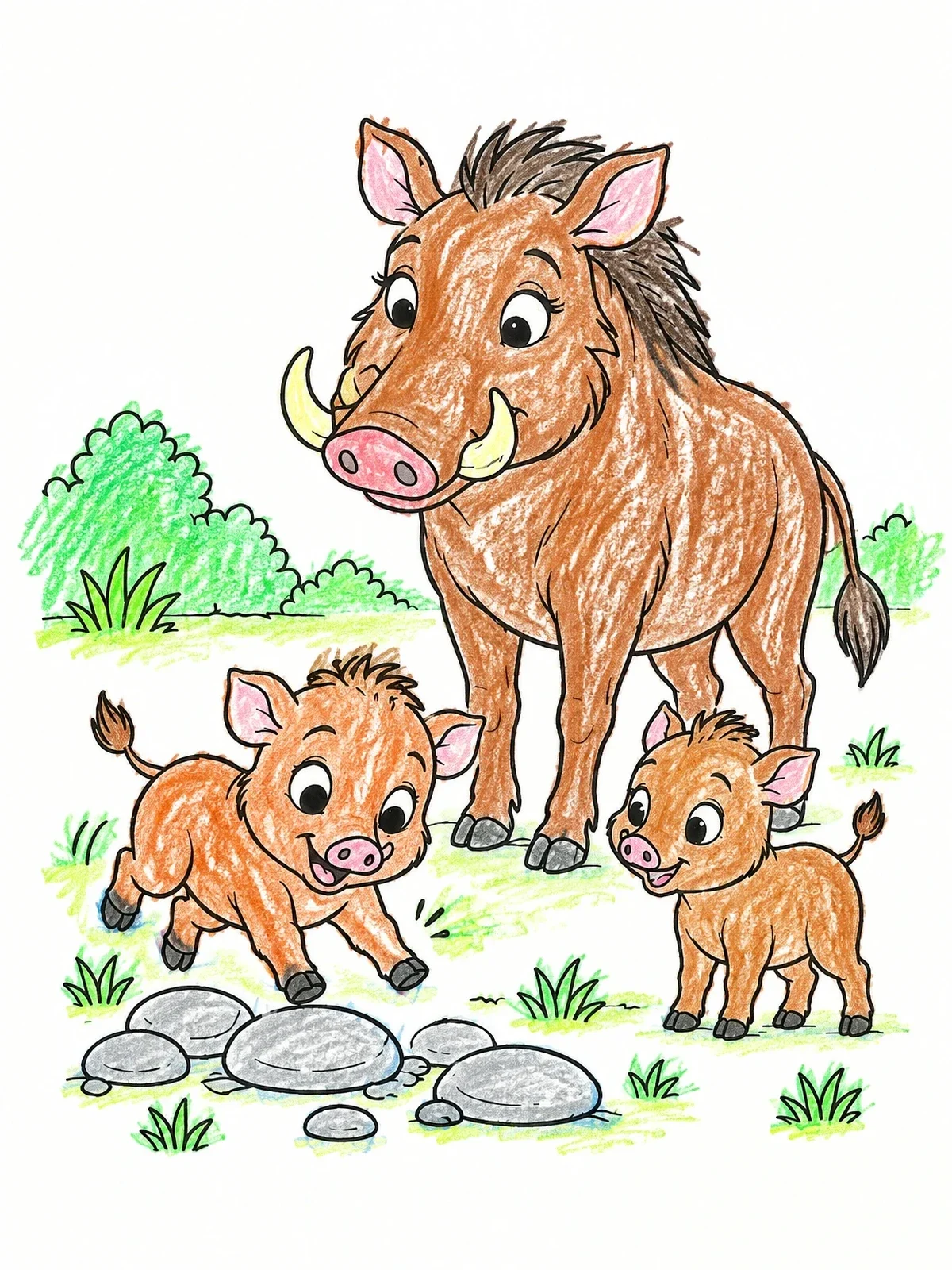 Colored example of the Cute Warthog Family With Piglets coloring page