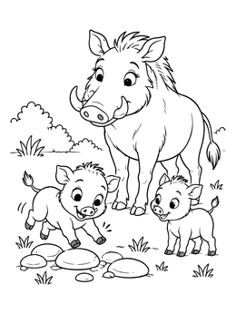 Free printable Cute Warthog Family With Piglets coloring page