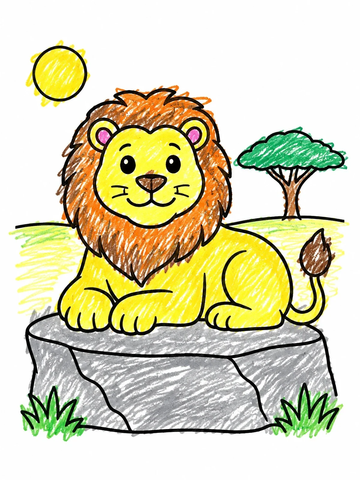 Colored example of the Friendly Lion On A Rock coloring page