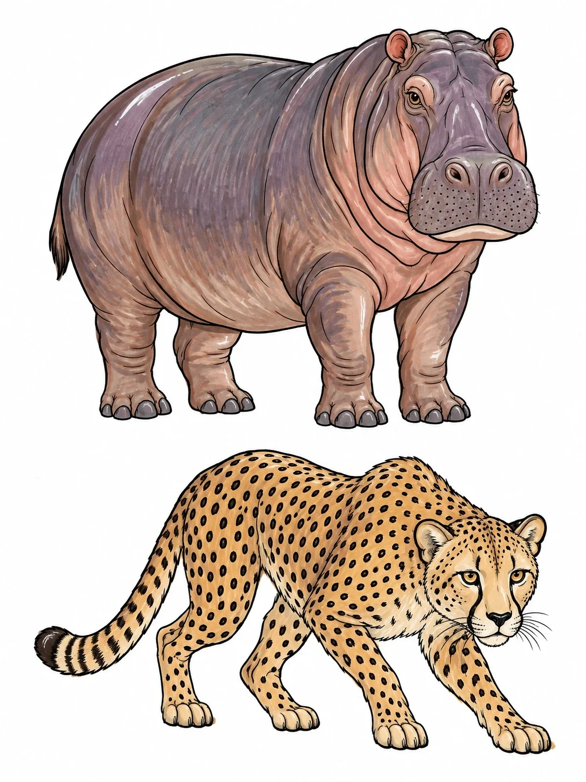 Colored example of the Hippopotamus And Stalking Cheetah coloring page