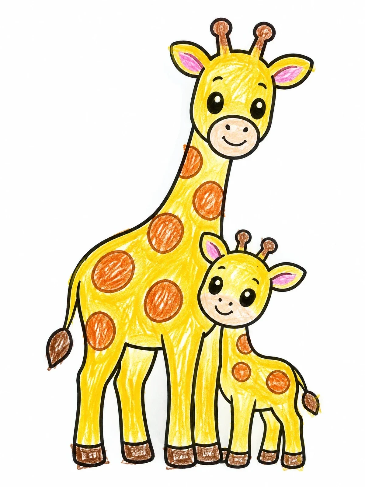 Colored example of the Mother Giraffe And Little Calf coloring page