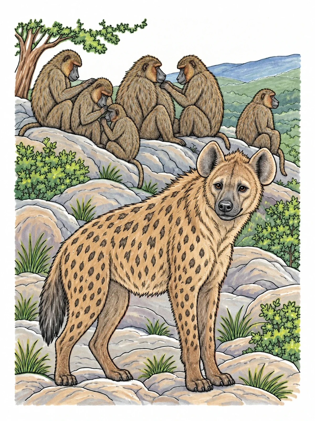 Colored example of the Spotted Hyena And Baboon Troop coloring page