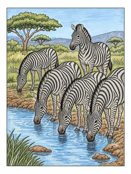 Zebras Drinking At A Savanna Waterhole – African Animals Coloring Page