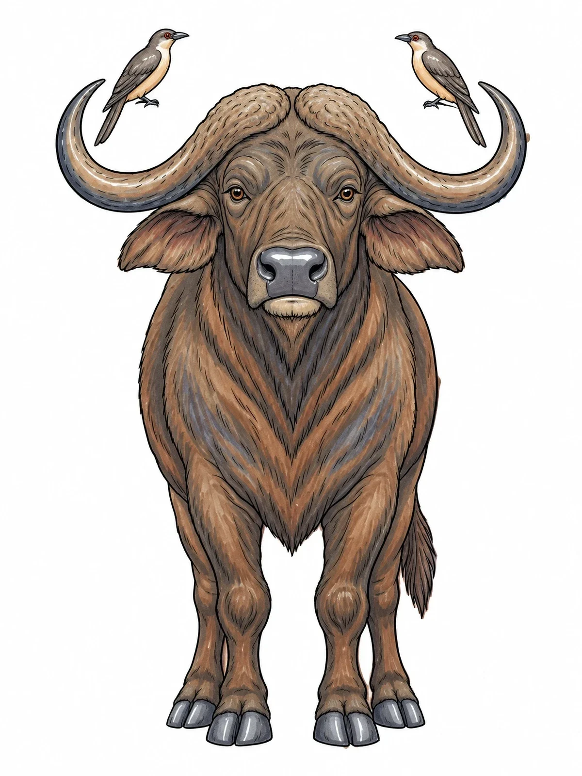 Colored example of the African Buffalo With Perched Birds coloring page