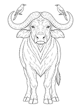 Free printable African Buffalo With Perched Birds coloring page