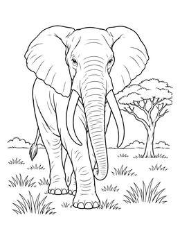 A mighty bull walks forward across the plains in this elephant coloring page with an acacia tree.