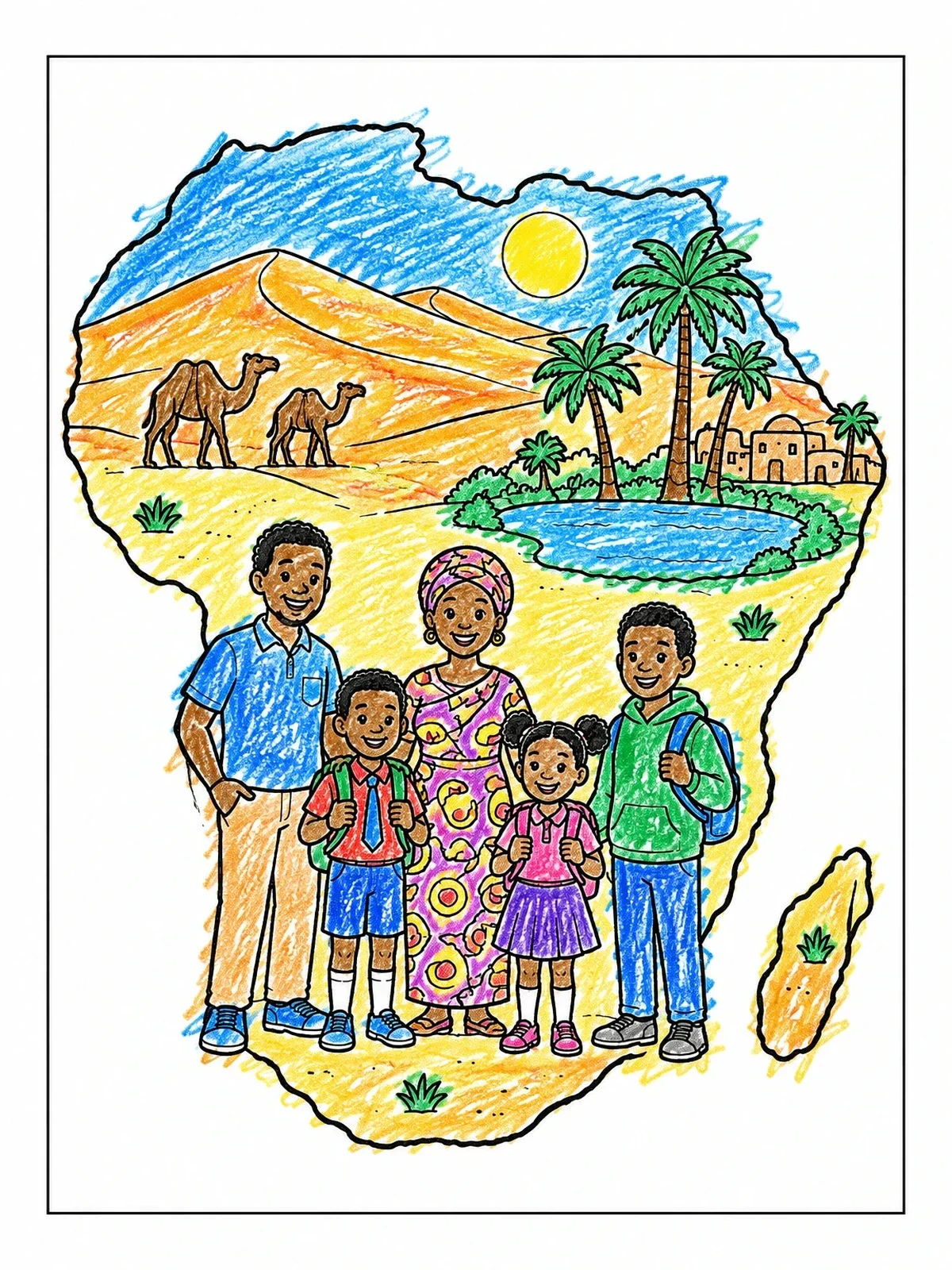 Colored example of the Family And Landscape In African Map coloring page
